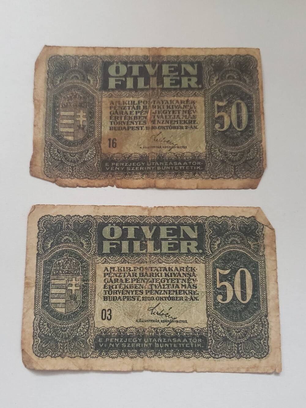 Pair of 1920 Hungarian 50 Filler Banknotes Circulated Condition